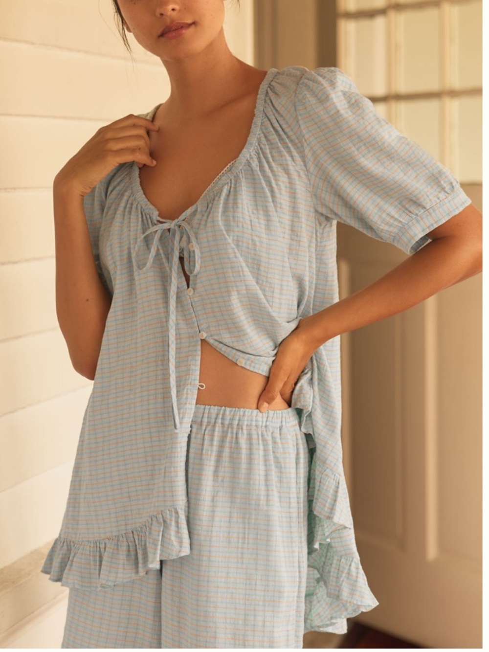 Anthropologie Light Blue Checked Cotton Sleep Top
